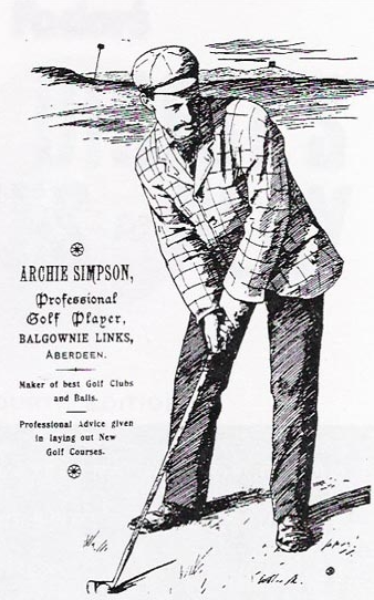 Engraved period advertisement for Archie Simpson, professional golf player and maker of golf clubs at Balgownie Links, Aberdeen